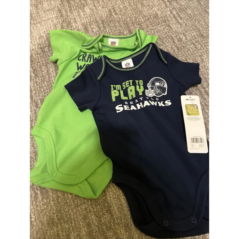 2-Infant NFL Licensed Seattle Seahawks Bodysuit Size 0-3mo Blue & Green NWT